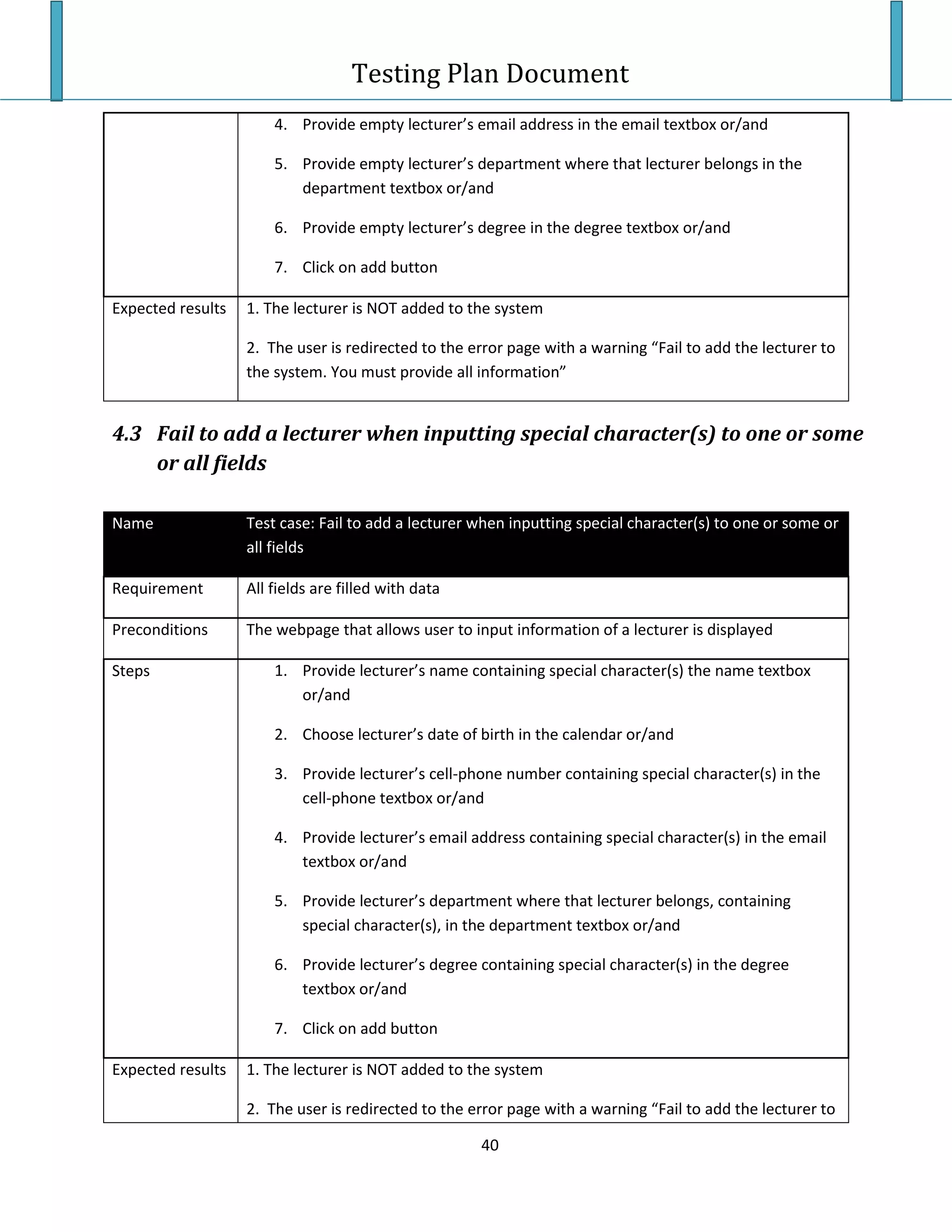Testing Plan Test Case