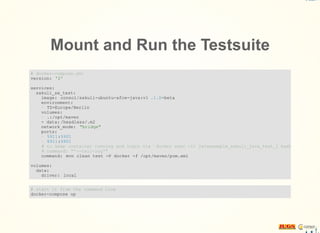 Mount and Run the Testsuite
# docker-compose.yml
version: '2'
services:
sakuli_se_test:
image: consol/sakuli-ubuntu-xfce-java:v1 .1.0-beta
environment:
- TZ=Europe/Berlin
volumes:
- .:/opt/maven
- data: /headless/.m2
network_mode: "bridge"
ports:
- 5911:5901
- 6911:6901
# to keep container running and login via `docker exec -it javaexample_sakuli_java_test_1 bash`
# command: "'--tail-log'"
command: mvn clean test -P docker -f /opt/maven/pom.xml
volumes:
data:
driver: local
# start it from the command line
docker-compose up
 
