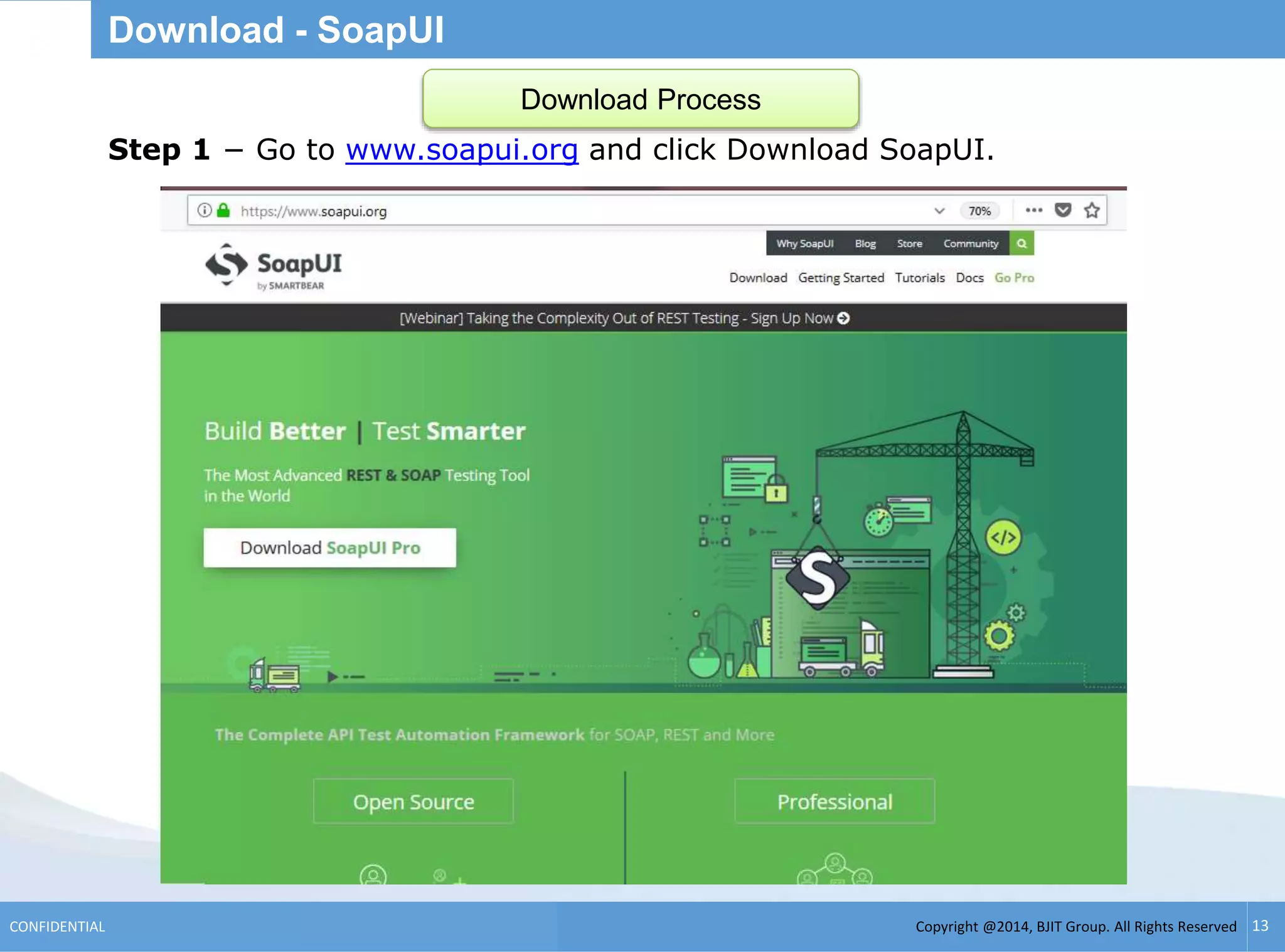 Copyright @2014, BJIT Group. All Rights ReservedCONFIDENTIAL 13
Download - SoapUI
Step 1 − Go to www.soapui.org and click Download SoapUI.
Download Process
 