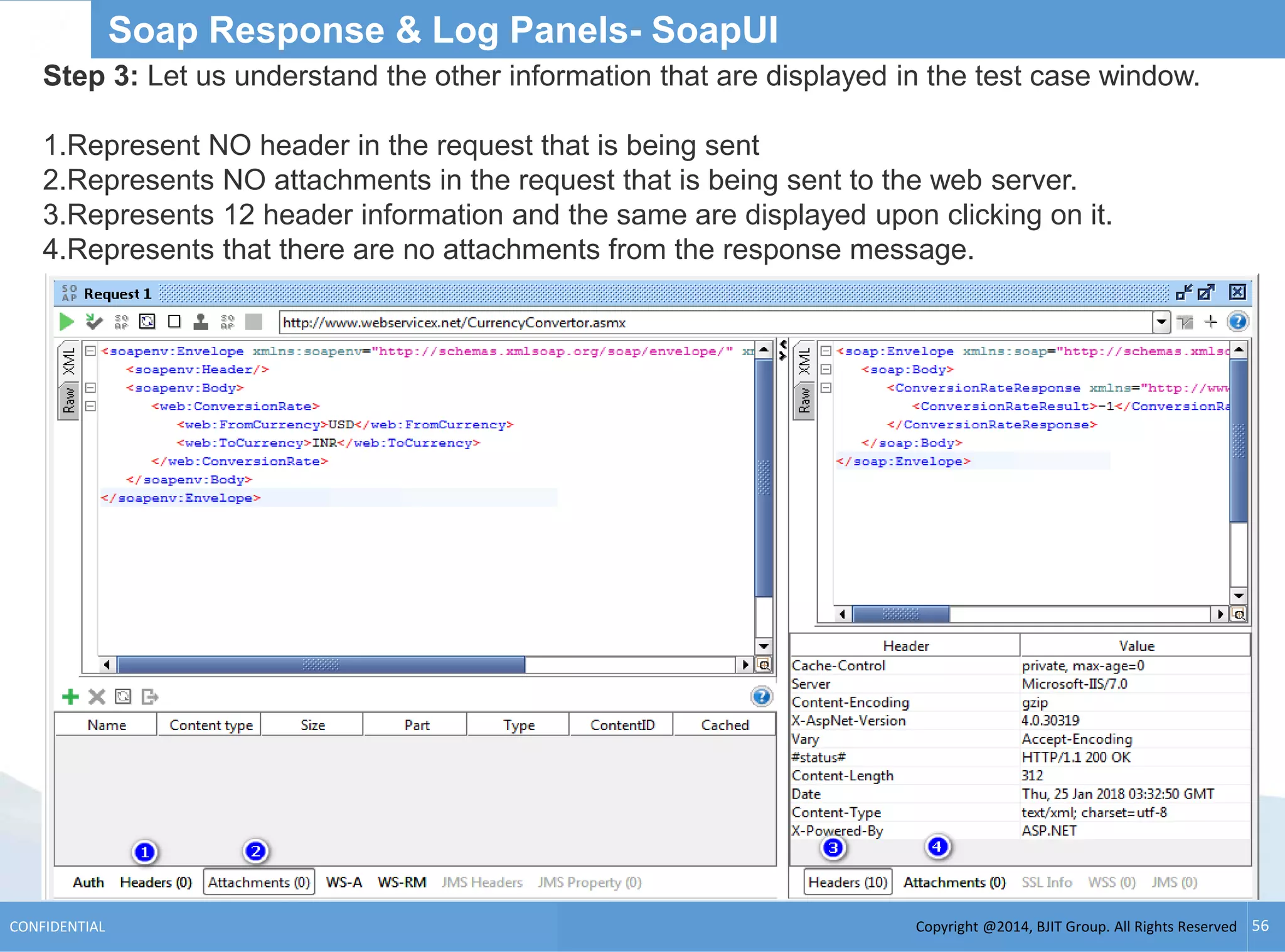 Copyright @2014, BJIT Group. All Rights ReservedCONFIDENTIAL 56
Soap Response & Log Panels- SoapUI
Step 3: Let us understand the other information that are displayed in the test case window.
1.Represent NO header in the request that is being sent
2.Represents NO attachments in the request that is being sent to the web server.
3.Represents 12 header information and the same are displayed upon clicking on it.
4.Represents that there are no attachments from the response message.
 