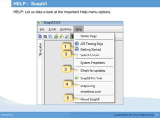 Copyright @2014, BJIT Group. All Rights ReservedCONFIDENTIAL 33
HELP - SoapUI
HELP: Let us take a look at the important Help menu options.
 