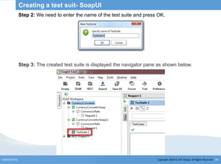 Copyright @2014, BJIT Group. All Rights ReservedCONFIDENTIAL 40
Creating a test suit- SoapUI
Step 2: We need to enter the name of the test suite and press OK.
Step 3: The created test suite is displayed the navigator pane as shown below.
 