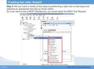 Copyright @2014, BJIT Group. All Rights ReservedCONFIDENTIAL 45
Creating test step- SoapUI
Step 4: We can insert a variety of test steps by performing a right click on test steps and
selecting an appropriate test step as shown below.
So if you were to test a REST WebService, you would select the REST Test Request.
 