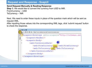 Copyright @2014, BJIT Group. All Rights ReservedCONFIDENTIAL 51
Request and Response - SoapUI
Send Request Manually & Reading Response
Step 1: We would like to convert the currency from USD to INR.
FromCurrency – USD
ToCurrency – INR
Next, We need to enter these inputs in place of the question mark which will be sent as
request XML.
After inputting those values into the corresponding XML tags, click 'submit request' button
to check the response.
 