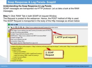 Copyright @2014, BJIT Group. All Rights ReservedCONFIDENTIAL 53
Soap Response & Log Panels- SoapUI
Understanding the Soap Response & Log Panels
SOAP messages are transported via HTTP protocol. Let us take a look at the RAW
messages.
Step 1: Click 'RAW' Tab in both SOAP-UI request Window.
The Request is posted to the webserver. Hence, the POST method of Http is used.
The SOAP Request is transported in the body of the Http message as shown below
 