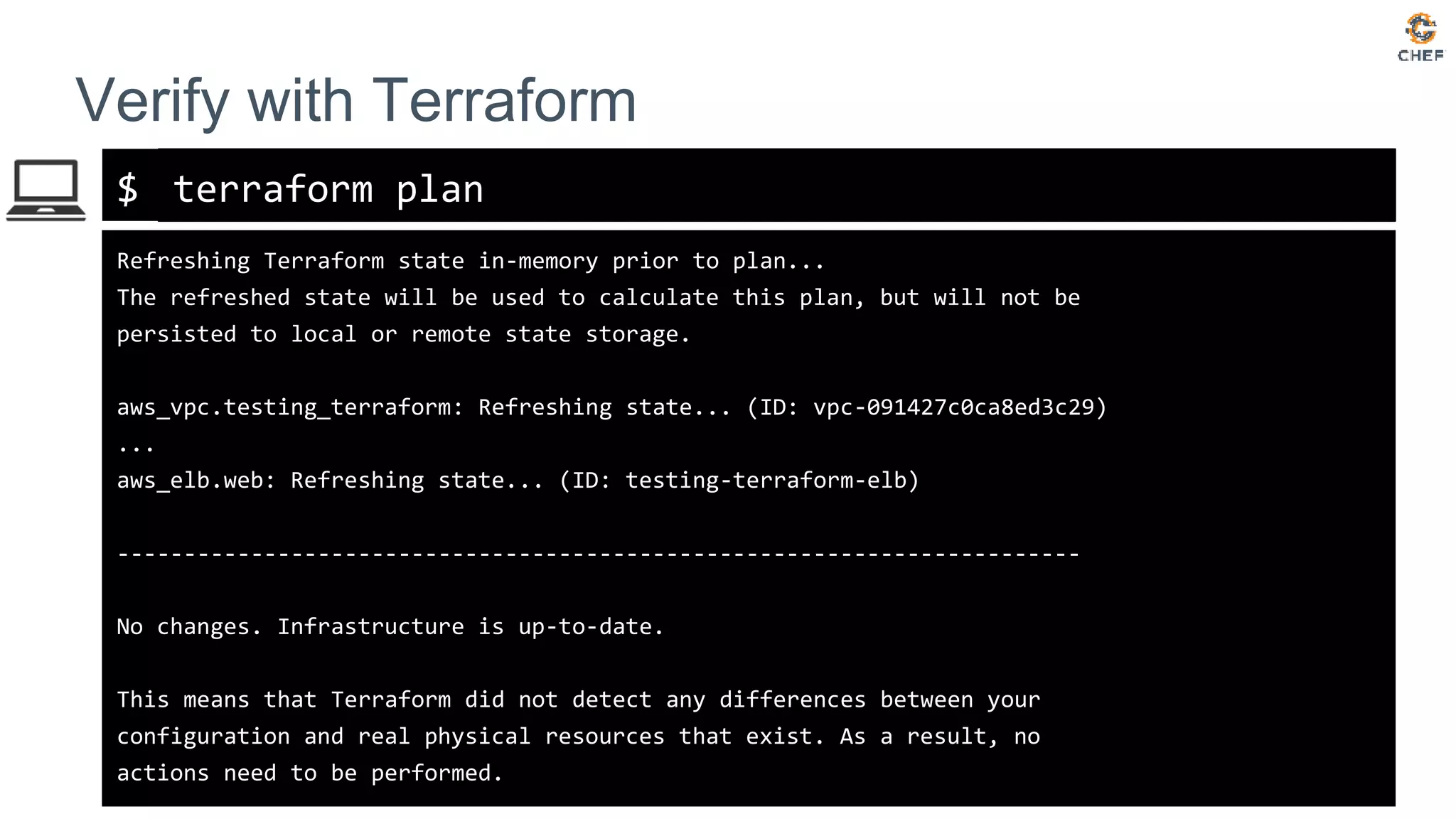 $
Verify with Terraform
terraform plan
Refreshing Terraform state in-memory prior to plan...
The refreshed state will be used to calculate this plan, but will not be
persisted to local or remote state storage.
aws_vpc.testing_terraform: Refreshing state... (ID: vpc-091427c0ca8ed3c29)
...
aws_elb.web: Refreshing state... (ID: testing-terraform-elb)
------------------------------------------------------------------------
No changes. Infrastructure is up-to-date.
This means that Terraform did not detect any differences between your
configuration and real physical resources that exist. As a result, no
actions need to be performed.
 