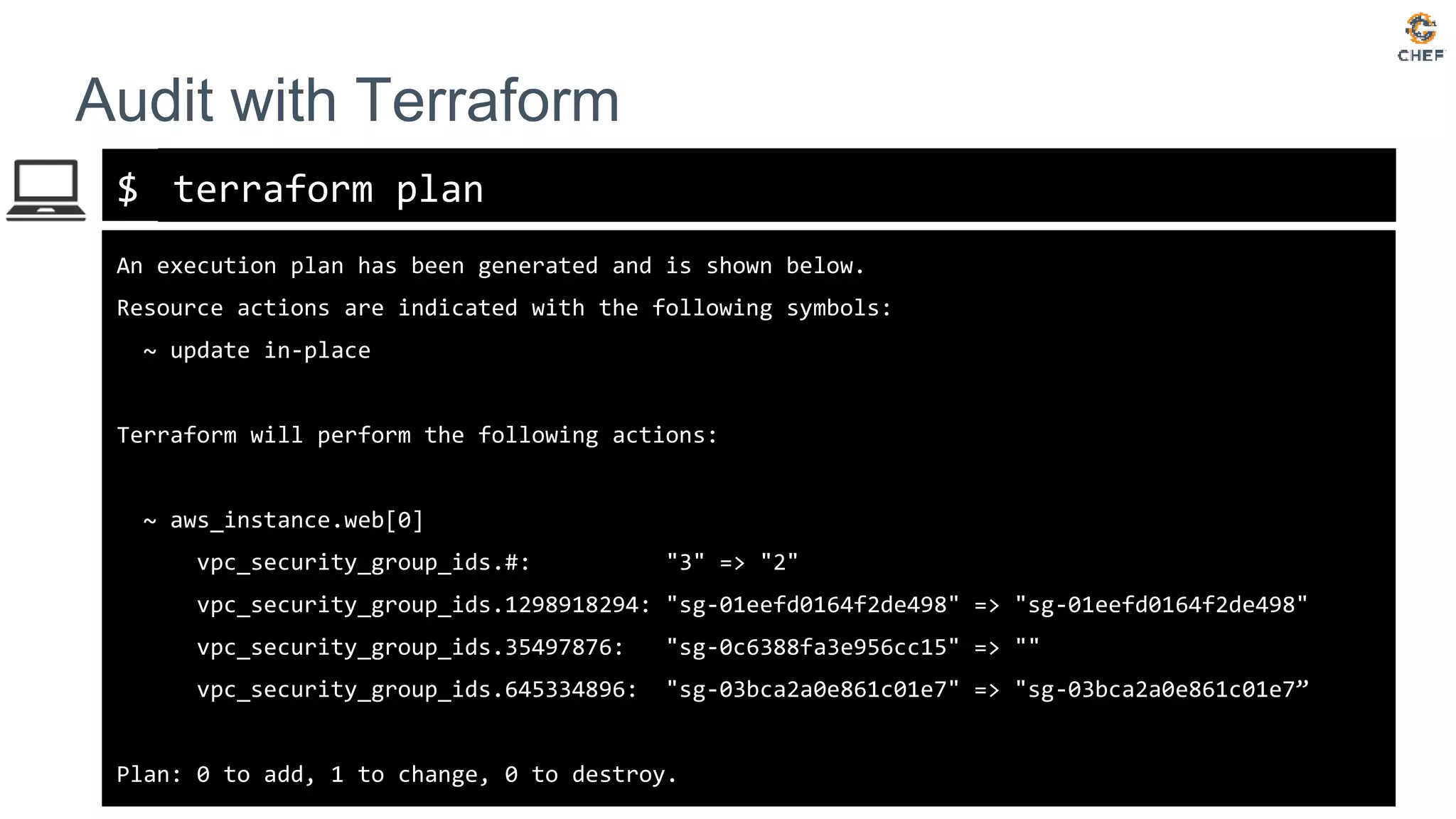 $
Audit with Terraform
terraform plan
An execution plan has been generated and is shown below.
Resource actions are indicated with the following symbols:
~ update in-place
Terraform will perform the following actions:
~ aws_instance.web[0]
vpc_security_group_ids.#: "3" => "2"
vpc_security_group_ids.1298918294: "sg-01eefd0164f2de498" => "sg-01eefd0164f2de498"
vpc_security_group_ids.35497876: "sg-0c6388fa3e956cc15" => ""
vpc_security_group_ids.645334896: "sg-03bca2a0e861c01e7" => "sg-03bca2a0e861c01e7”
Plan: 0 to add, 1 to change, 0 to destroy.
 