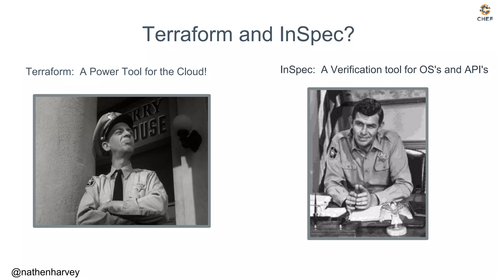 @nathenharvey
Terraform: A Power Tool for the Cloud!
Terraform and InSpec?
InSpec: A Verification tool for OS's and API's
 