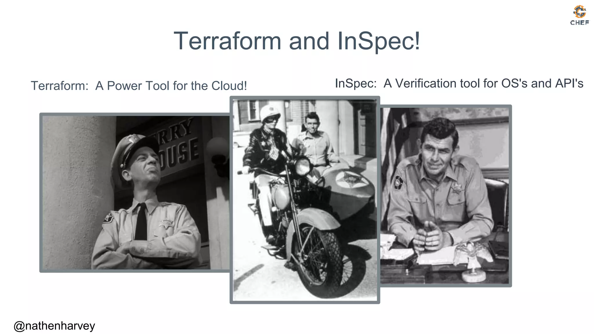 @nathenharvey
Terraform: A Power Tool for the Cloud!
Terraform and InSpec!
InSpec: A Verification tool for OS's and API's
 