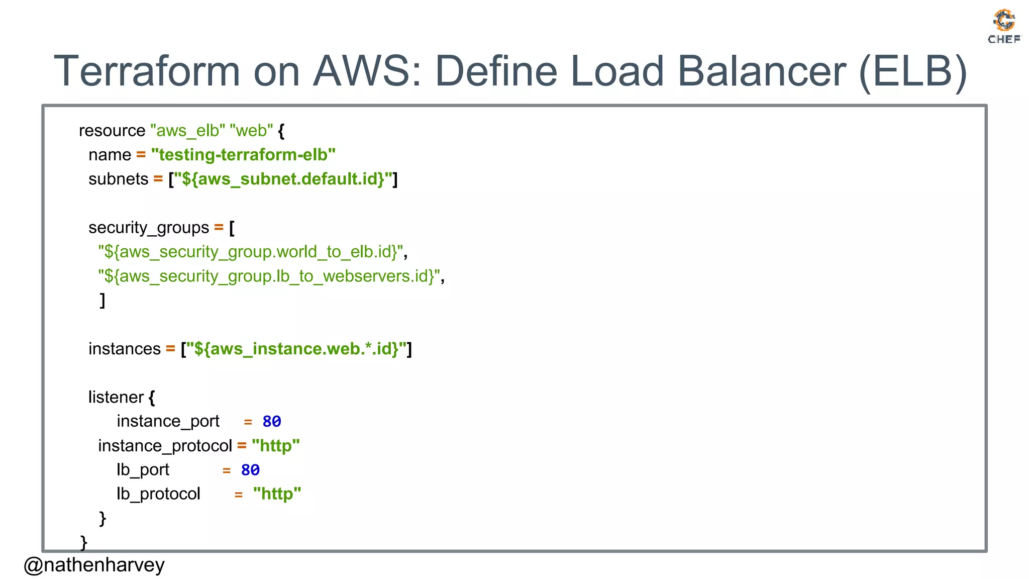 @nathenharvey
Terraform on AWS: Define Load Balancer (ELB)
resource "aws_elb" "web" {
name = "testing-terraform-elb"
subnets = ["${aws_subnet.default.id}"]
security_groups = [
"${aws_security_group.world_to_elb.id}",
"${aws_security_group.lb_to_webservers.id}",
]
instances = ["${aws_instance.web.*.id}"]
listener {
instance_port = 80
instance_protocol = "http"
lb_port = 80
lb_protocol = "http"
}
}
 