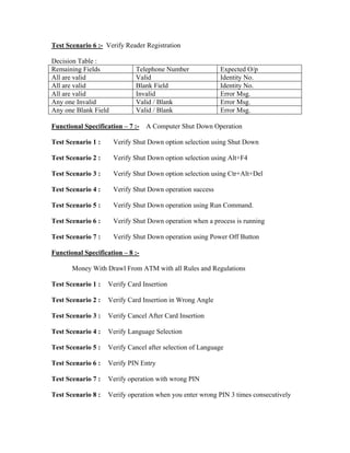 Test Scenario 6 :- Verify Reader Registration

Decision Table :
Remaining Fields             Telephone Number              Expected O/p
All are valid                Valid                         Identity No.
All are valid                Blank Field                   Identity No.
All are valid                Invalid                       Error Msg.
Any one Invalid              Valid / Blank                 Error Msg.
Any one Blank Field          Valid / Blank                 Error Msg.

Functional Specification – 7 :-   A Computer Shut Down Operation

Test Scenario 1 :     Verify Shut Down option selection using Shut Down

Test Scenario 2 :     Verify Shut Down option selection using Alt+F4

Test Scenario 3 :     Verify Shut Down option selection using Ctr+Alt+Del

Test Scenario 4 :     Verify Shut Down operation success

Test Scenario 5 :     Verify Shut Down operation using Run Command.

Test Scenario 6 :     Verify Shut Down operation when a process is running

Test Scenario 7 :     Verify Shut Down operation using Power Off Button

Functional Specification – 8 :-

       Money With Drawl From ATM with all Rules and Regulations

Test Scenario 1 :   Verify Card Insertion

Test Scenario 2 :   Verify Card Insertion in Wrong Angle

Test Scenario 3 :   Verify Cancel After Card Insertion

Test Scenario 4 :   Verify Language Selection

Test Scenario 5 :   Verify Cancel after selection of Language

Test Scenario 6 :   Verify PIN Entry

Test Scenario 7 :   Verify operation with wrong PIN

Test Scenario 8 :   Verify operation when you enter wrong PIN 3 times consecutively
 
