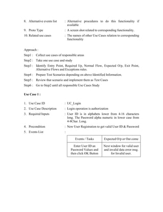 8. Alternative events list     : Alternative procedures to do this functionality if
                                 available
9. Proto Type                  : A screen shot related to corresponding functionality.
10. Related use cases          : The names of other Use Cases relation to corresponding
                                 functionality


Approach :
Step1 : Collect use cases of responsible areas
Step2 : Take one use case and study
Step3 : Identify Entry Point, Required I/p, Normal Flow, Expected O/p, Exit Point,
        Alternative Flows and Exceptions rules.
Step4 : Prepare Test Scenarios depending on above Identified Information.
Step5 : Review that scenario and implement them as Test Cases
Step6 : Go to Step2 until all responsible Use Cases Study

Use Case 1 :

1. Use Case ID                 : UC_Login
2. Use Case Description        : Login operation is authorization
3. Required Inputs             : User ID is in alphabets lower from 4-16 characters
                                 long. The Password alpha numeric in lower case from
                                 4-8Char. Long.
4. Precondition                : New User Registration to get valid User ID & Password
5. Events List                 :

                                       Events / Tasks         Expected O/p or Out come

                                     Enter User ID an        Next window for valid user
                                   Password Values and       and invalid data error msg.
                                   then click OK Button           for Invalid user.
 