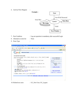 6. Activity Flow Diagram     :
                                 Example :
                                                                   User

                                                                      User ID & Password
                                      Error Msg.
                                                                  LOGIN            Data Base
                                                   Re-Login

                                                                      Valid


                                                                Next Window


7. Post Condition            : Log out operation is mandatory after successful Login
8. Alternative events list   : None
9. Proto Type                :




10. Related use cases        : UC_New User, UC_Logout
 