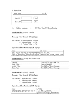 9. Proto Type                    :

      Book Issue                                - □X


       User ID                       Go

       Book ID                       Go


10.      Related use cases   :       UC_New User, UC_Book Feeding

Test Scenario 1 :- Verify User ID

Boundary Value Analysis (BVA) (Size) :

Min = Max = 10 Position Value → Pass
          = 9 Position Value → Fail
          = 11 Position Value → Fail

Equivalence Class Partition (ECP) (Type) :
Valid                                         In-Valid
 [0][1-9][_][0-9][0-9][_][0-9][0-9][0-9][0-9] a-z, A-Z, 0-9,
[1][0-2][_][0-9][0-9][_][0-9][0-9][0-9][0-9] Special Char. except _,Blank Field

Test Scenario 2 :- Verify “Go” button click

User ID                                       Expected O/p after click ‘Go’
Valid Value                                   Focus to Book ID
Invalid Value                                 “Invalid User” Error Message
Blank Field                                   “Invalid User” Error Message

Test Scenario 3 :- Verify User ID
Boundary Value Analysis (BVA) (Size) :

Min = Max = 8 Position Value → Pass
          = 7 Position Value → Fail
          = 9 Position Value → Fail

Equivalence Class Partition (ECP) (Type) :
Valid                               In-Valid
[B][O][O][K][_][0-9][0-9][0-9][0-9] a-z, A-Z Except B,O,K,
                                    Special Char. except _,Blank Field
 