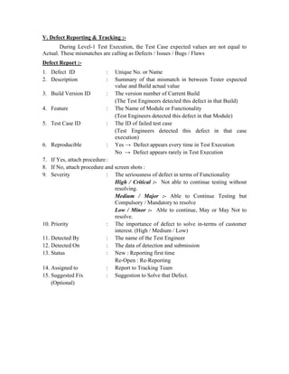 V. Defect Reporting & Tracking :-
       During Level-1 Test Execution, the Test Case expected values are not equal to
Actual. These mismatches are calling as Defects / Issues / Bugs / Flaws
Defect Report :-
1. Defect ID              :   Unique No. or Name
2. Description            :   Summary of that mismatch in between Tester expected
                              value and Build actual value
3. Build Version ID       :   The version number of Current Build
                              (The Test Engineers detected this defect in that Build)
4. Feature                :   The Name of Module or Functionality
                              (Test Engineers detected this defect in that Module)
5. Test Case ID           :   The ID of failed test case
                              (Test Engineers detected this defect in that case
                              execution)
6. Reproducible           :   Yes → Defect appears every time in Test Execution
                              No → Defect appears rarely in Test Execution
7. If Yes, attach procedure :
8. If No, attach procedure and screen shots :
9. Severity                 : The seriousness of defect in terms of Functionality
                               High / Critical :- Not able to continue testing without
                               resolving.
                               Medium / Major :- Able to Continue Testing but
                               Compulsory / Mandatory to resolve
                               Low / Minor :- Able to continue, May or May Not to
                               resolve.
10. Priority                : The importance of defect to solve in-terms of customer
                               interest. (High / Medium / Low)
11. Detected By             : The name of the Test Engineer
12. Detected On             : The data of detection and submission
13. Status                  : New : Reporting first time
                               Re-Open : Re-Reporting
14. Assigned to             : Report to Tracking Team
15. Suggested Fix           : Suggestion to Solve that Defect.
    (Optional)
 