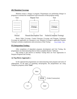 (D) Mutation Coverage
      Mutation means a change in program. Programmers are performing changes in
programs to estimate the completeness and correctness of that program testing.
      Test                     Repeat Test                        Test
       ↓                           ↓                               ↓


                                Change                          Change


       ↓                         ↓                              ↓
     Passed           Passed (Incomplete Test        Failed (Complete Testing)
       Basics Paths Coverage, Control Structure Coverage and Program Technique
Coverage are applicable on a program to test. Mutation Coverage is applicable Program
Testing to estimate completeness and correctness of that Testing.   Go to V Model Next


IV) Integration Testing :
        After completion of dependent programs development and Unit Testing, the
programmers are interconnecting them to form a complete System / Software.
        This testing is also known as Interface Testing there are Four Approaches to
Integrate Programs and Testing.

A) Top Down Approach :-

       In this approach the programmers are interconnecting main program and some of
subprograms. In the place of remaining sub-programs, the programmers are using
Temporary programs called “Stub"



                                     Main



                                             STUB        (Under Construction)




                        Sub1                      Sub2
 