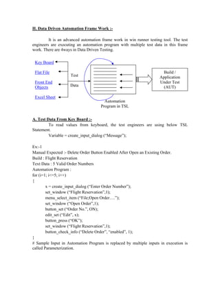 II. Data Driven Automation Frame Work :-

         It is an advanced automation frame work in win runner testing tool. The test
engineers are executing an automation program with multiple test data in this frame
work. There are 4ways in Data Driven Testing.

 Key Board

 Flat File                                                             Build /
                    Test                                             Application
 Front End                                                           Under Test
 Objects            Data                                               (AUT)

 Excel Sheet
                                       Automation
                                     Program in TSL


A. Test Data From Key Board :-
         To read values from keyboard, the test engineers are using below TSL
Statement.
         Variable = create_input_dialog (“Message”);

Ex:-1
Manual Expected :- Delete Order Button Enabled After Open an Existing Order.
Build : Flight Reservation
Text Data : 5 Valid Order Numbers
Automation Program :
for (i=1; i<=5; i++)
{
        x = create_input_dialog (“Enter Order Number”);
        set_window (“Flight Reservation”,1);
        menu_select_item (“File;Open Order….”);
        set_window (“Open Order”,1);
        button_set (“Order No.”, ON);
        edit_set (“Edit”, x);
        button_press (“OK”);
        set_window (“Flight Reservation”,1);
        button_check_info (“Delete Order”, “enabled”, 1);
}
# Sample Input in Automation Program is replaced by multiple inputs in execution is
called Parameterization.
 