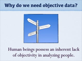 Why do we need objective data?
Human beings possess an inherent lack
of objectivity in analyzing people.
 