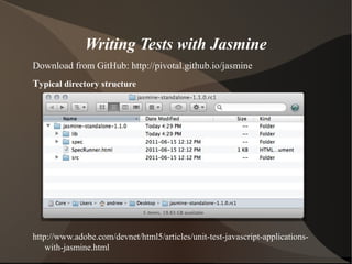 Writing Tests with Jasmine
Download from GitHub: http://pivotal.github.io/jasmine
Typical directory structure

http://www.adobe.com/devnet/html5/articles/unit-test-javascript-applicationswith-jasmine.html

 