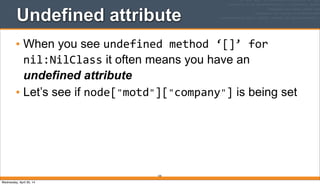 105
Undefined attribute
• When you see undefined	
  method	
  ‘[]’	
  for	
  
nil:NilClass it often means you have an
undefined attribute
• Let’s see if node["motd"]["company"] is being set
Wednesday, April 30, 14
 
