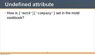 107
Undefined attribute
• How is ["motd"]["company"] set in the motd
cookbook?
Wednesday, April 30, 14
 