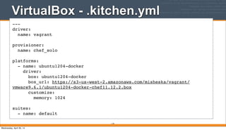 VirtualBox - .kitchen.yml
119
---
driver:
name: vagrant
provisioner:
name: chef_solo
platforms:
- name: ubuntu1204-docker
driver:
box: ubuntu1204-docker
box_url: https://s3-us-west-2.amazonaws.com/misheska/vagrant/
vmware9.6.1/ubuntu1204-docker-chef11.12.2.box
customize:
memory: 1024
suites:
- name: default
Wednesday, April 30, 14
 