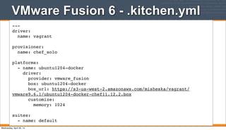 VMware Fusion 6 - .kitchen.yml
120
---
driver:
name: vagrant
provisioner:
name: chef_solo
platforms:
- name: ubuntu1204-docker
driver:
provider: vmware_fusion
box: ubuntu1204-docker
box_url: https://s3-us-west-2.amazonaws.com/misheska/vagrant/
vmware9.6.1/ubuntu1204-docker-chef11.12.2.box
customize:
memory: 1024
suites:
- name: default
Wednesday, April 30, 14
 