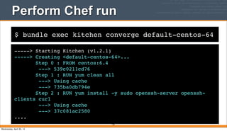 $ bundle exec kitchen converge default-centos-64
Perform Chef run
-----> Starting Kitchen (v1.2.1)
-----> Creating <default-centos-64>...
Step 0 : FROM centos:6.4
---> 539c0211cd76
Step 1 : RUN yum clean all
---> Using cache
---> 735ba0db794e
Step 2 : RUN yum install -y sudo openssh-server openssh-
clients curl
---> Using cache
---> 37c081ac2580
....
126
Wednesday, April 30, 14
 