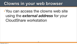 Clowns in your web browser
130
•You can access the clowns web site
using the external address for your
CloudShare workstation
Wednesday, April 30, 14
 