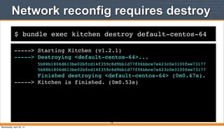 $ bundle exec kitchen destroy default-centos-64
Network reconfig requires destroy
-----> Starting Kitchen (v1.2.1)
-----> Destroying <default-centos-64>...
5b88b1806d613be02bfcd14f359c8d9bb1d77f06bbce7e423c0e3100fee73177
5b88b1806d613be02bfcd14f359c8d9bb1d77f06bbce7e423c0e3100fee73177
Finished destroying <default-centos-64> (0m0.47s).
-----> Kitchen is finished. (0m0.53s)
135
Wednesday, April 30, 14
 
