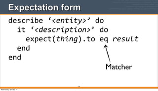 Expectation form
159
describe	
  ‘<entity>’	
  do
	
  	
  it	
  ‘<description>’	
  do
	
  	
  	
  	
  expect(thing).to	
  eq	
  result
	
  	
  end
end
Matcher
Wednesday, April 30, 14
 