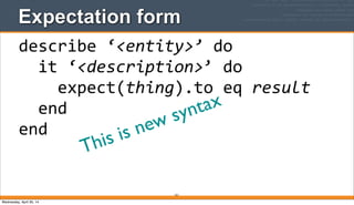 Expectation form
161
describe	
  ‘<entity>’	
  do
	
  	
  it	
  ‘<description>’	
  do
	
  	
  	
  	
  expect(thing).to	
  eq	
  result
	
  	
  end
end
This is new syntax
Wednesday, April 30, 14
 