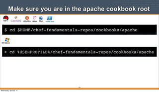$ cd $HOME/chef-fundamentals-repos/cookbooks/apache
Make sure you are in the apache cookbook root
174
> cd %USERPROFILE%/chef-fundamentals-repos/cookbooks/apache
Wednesday, April 30, 14
 