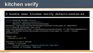 $ bundle exec kitchen verify default-centos-64
kitchen verify
-----> Starting Kitchen (v1.2.1)
-----> Verifying <default-centos-64>...
Removing /tmp/busser/suites/serverspec
Uploading /tmp/busser/suites/serverspec/localhost/clown_spec.rb (mode=0664)
-----> Running serverspec test suite
/opt/chef/embedded/bin/ruby -I/tmp/busser/suites/serverspec -S /opt/chef/embedded/bin/
rspec /tmp/busser/suites/serverspec/localhost/clown_spec.rb --color --format
documentation
clowns site
responds on port 80
Finished in 0.00713 seconds
1 example, 0 failures
Finished verifying <default-centos-64> (0m0.90s).
-----> Kitchen is finished. (0m0.97s)
195
Wednesday, April 30, 14
 