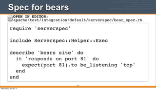 Spec for bears
197
require 'serverspec'
include Serverspec::Helper::Exec
describe 'bears site' do
it 'responds on port 81' do
expect(port 81).to be_listening 'tcp'
end
end
OPEN IN EDITOR:
apache/test/integration/default/serverspec/bear_spec.rb
Wednesday, April 30, 14
 