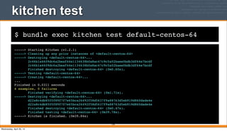 $ bundle exec kitchen test default-centos-64
kitchen test
-----> Starting Kitchen (v1.2.1)
-----> Cleaning up any prior instances of <default-centos-64>
-----> Destroying <default-centos-64>...
2c46b1a4609dc6a2beaf44e1134638b0a8ac47c9c5a02baee0bdb3df64e7bcdf
2c46b1a4609dc6a2beaf44e1134638b0a8ac47c9c5a02baee0bdb3df64e7bcdf
Finished destroying <default-centos-64> (0m0.60s).
-----> Testing <default-centos-64>
-----> Creating <default-centos-64>...
...
Finished in 0.0311 seconds
4 examples, 0 failures
Finished verifying <default-centos-64> (0m1.71s).
-----> Destroying <default-centos-64>...
d22a8c4db8505f89f7f7e65bca26492f58d5637f9a88763d5eb919d860dade4e
d22a8c4db8505f89f7f7e65bca26492f58d5637f9a88763d5eb919d860dade4e
Finished destroying <default-centos-64> (0m0.47s).
Finished testing <default-centos-64> (0m39.78s).
-----> Kitchen is finished. (0m39.84s)
219
Wednesday, April 30, 14
 