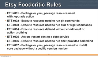 Etsy Foodcritic Rules
• ETSY001 - Package or yum_package resource used
with :upgrade action
• ETSY002 - Execute resource used to run git commands
• ETSY003 - Execute resource used to run curl or wget commands
• ETSY004 - Execute resource deﬁned without conditional or
action :nothing
• ETSY005 - Action :restart sent to a core service
• ETSY006 - Execute resource used to run chef-provided command
• ETSY007 - Package or yum_package resource used to install
core package without speciﬁc version number
251
Wednesday, April 30, 14
 
