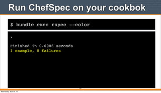 $ bundle exec rspec --color
Run ChefSpec on your cookbok
.
Finished in 0.0006 seconds
1 example, 0 failures
322
Wednesday, April 30, 14
 