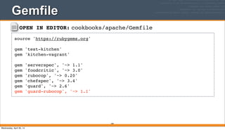 OPEN IN EDITOR: cookbooks/apache/Gemfile
source 'https://rubygems.org'
gem 'test-kitchen'
gem 'kitchen-vagrant'
gem 'serverspec', '~> 1.1'
gem 'foodcritic', '~> 3.0'
gem 'rubocop', '~> 0.20'
gem 'chefspec', '~> 3.4'
gem 'guard', '~> 2.6'
gem 'guard-rubocop', '~> 1.1'
Gemfile
349
Wednesday, April 30, 14
 