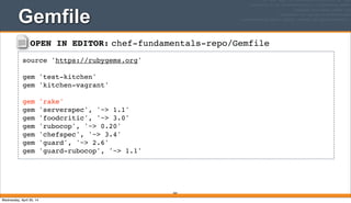 OPEN IN EDITOR: chef-fundamentals-repo/Gemfile
source 'https://rubygems.org'
gem 'test-kitchen'
gem 'kitchen-vagrant'
gem 'rake'
gem 'serverspec', '~> 1.1'
gem 'foodcritic', '~> 3.0'
gem 'rubocop', '~> 0.20'
gem 'chefspec', '~> 3.4'
gem 'guard', '~> 2.6'
gem 'guard-rubocop', '~> 1.1'
Gemfile
364
Wednesday, April 30, 14
 
