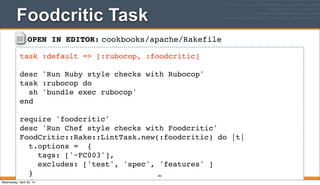 OPEN IN EDITOR: cookbooks/apache/Rakefile
task :default => [:rubocop, :foodcritic]
desc 'Run Ruby style checks with Rubocop'
task :rubocop do
sh 'bundle exec rubocop'
end
require 'foodcritic'
desc 'Run Chef style checks with Foodcritic'
FoodCritic::Rake::LintTask.new(:foodcritic) do |t|
t.options = {
tags: ['~FC003'],
excludes: ['test', 'spec', 'features' ]
}
end
Foodcritic Task
382
Wednesday, April 30, 14
 