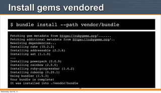 $ bundle install --path vendor/bundle
Install gems vendored
Fetching gem metadata from https://rubygems.org/.......
Fetching additional metadata from https://rubygems.org/..
Resolving dependencies...
Installing rake (10.2.2)
Installing addressable (2.3.6)
Installing ast (1.1.0)
...
Installing powerpack (0.0.9)
Installing rainbow (2.0.0)
Installing ruby-progressbar (1.4.2)
Installing rubocop (0.20.1)
Using bundler (1.5.3)
Your bundle is complete!
It was installed into ./vendor/bundle
395
Wednesday, April 30, 14
 