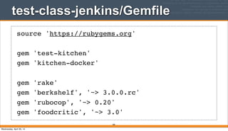 test-class-jenkins/Gemfile
400
source 'https://rubygems.org'
gem 'test-kitchen'
gem 'kitchen-docker'
gem 'rake'
gem 'berkshelf', '~> 3.0.0.rc'
gem 'rubocop', '~> 0.20'
gem 'foodcritic', '~> 3.0'
Wednesday, April 30, 14
 