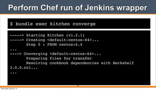 $ bundle exec kitchen converge
Perform Chef run of Jenkins wrapper
-----> Starting Kitchen (v1.2.1)
-----> Creating <default-centos-64>...
Step 0 : FROM centos:6.4
...
----> Converging <default-centos-64>...
Preparing files for transfer
Resolving cookbook dependencies with Berkshelf
3.0.0.rc1...
...
402
Wednesday, April 30, 14
 