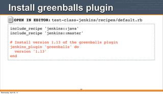 OPEN IN EDITOR: test-class-jenkins/recipes/default.rb
include_recipe 'jenkins::java'
include_recipe 'jenkins::master'
# Install version 1.13 of the greenballs plugin
jenkins_plugin 'greenballs' do
version '1.13'
end
Install greenballs plugin
407
Wednesday, April 30, 14
 