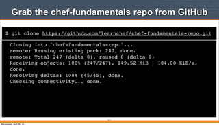 $ git clone https://github.com/learnchef/chef-fundamentals-repo.git
Grab the chef-fundamentals repo from GitHub
Cloning into 'chef-fundamentals-repo'...
remote: Reusing existing pack: 247, done.
remote: Total 247 (delta 0), reused 0 (delta 0)
Receiving objects: 100% (247/247), 149.52 KiB | 184.00 KiB/s,
done.
Resolving deltas: 100% (45/45), done.
Checking connectivity... done.
63
Wednesday, April 30, 14
 