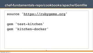 chef-fundamentals-repo/cookbooks/apache/Gemfile
source 'https://rubygems.org'
gem 'test-kitchen'
gem 'kitchen-docker'
83
Wednesday, April 30, 14
 
