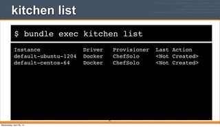 $ bundle exec kitchen list
kitchen list
Instance Driver Provisioner Last Action
default-ubuntu-1204 Docker ChefSolo <Not Created>
default-centos-64 Docker ChefSolo <Not Created>
93
Wednesday, April 30, 14
 