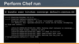 $ bundle exec kitchen converge default-centos-64
Perform Chef run
-----> Starting Kitchen (v1.2.1)!
-----> Creating <default-centos-64>...!
Bringing machine 'default' up with 'virtualbox' provider...!
==> default: Box 'opscode-centos-6.4' could not be found. Attempting
to find and install...!
...!
[2014-03-30T09:09:59+00:00] INFO: Forking chef instance to converge...!
Starting Chef Client, version 11.10.4!
[2014-03-30T09:09:59+00:00] INFO: *** Chef 11.10.4 ***!
[2014-03-30T09:09:59+00:00] INFO: Chef-client pid: 2542!
[2014-03-30T09:09:59+00:00] INFO: Setting the run_list to
["recipe[apache::default]"] from JSON!
....
129
 