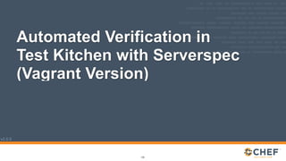 v2.0.0
Automated Verification in
Test Kitchen with Serverspec
(Vagrant Version)
132
 